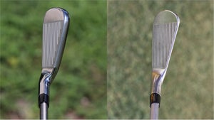 The game-improvement irons on the left will be much more forgiving and enjoyable for beginners than the blade irons on the right.