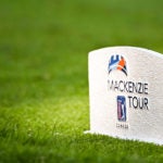 A tee marker with the Mackenzie Tour - PGA Tour Canada logo.