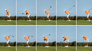JUNO BEACH, FLORIDA - MAY 17: (EDITORS NOTE: THIS IS A COMPOSITE IMAGE, ALL INDIVIDUAL IMAGES AVAILABLE SEPARATELY) Rickie Fowler of the CDC Foundation team plays his shot from the 15th tee during the TaylorMade Driving Relief Supported By UnitedHealth Group on May 17, 2020 at Seminole Golf Club in Juno Beach, Florida. (Photo by Mike Ehrmann/Getty Images)