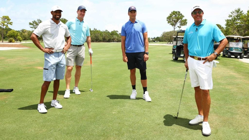 Tiger Woods, Peyton Manning, Tom Brady and Phil Mickelson at Medalist Golf Club.