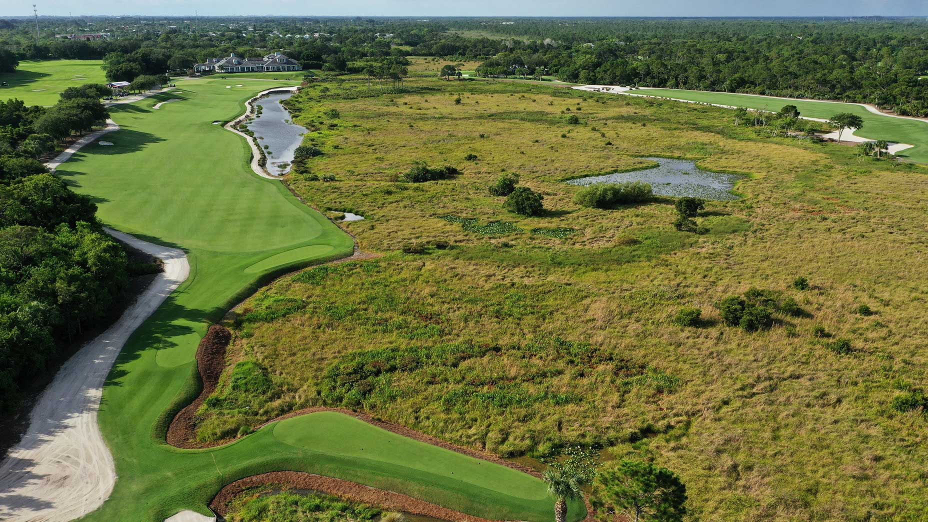 An aerial drone view of the 18th hole at Medalist Golf Club.