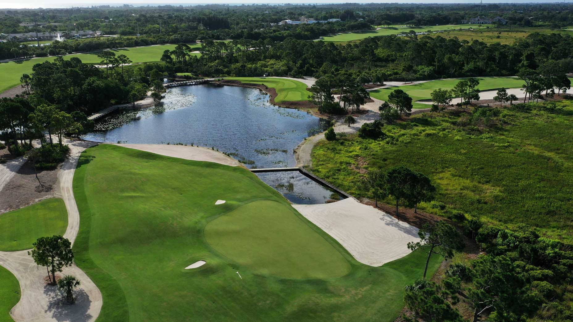An aerial drone view of the 16th hole at Medalist Golf Club.