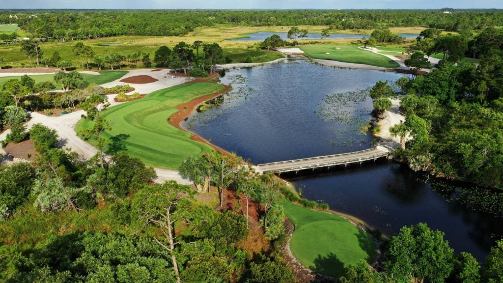 An aerial drone view of the 16th hole at Medalist Golf Club.