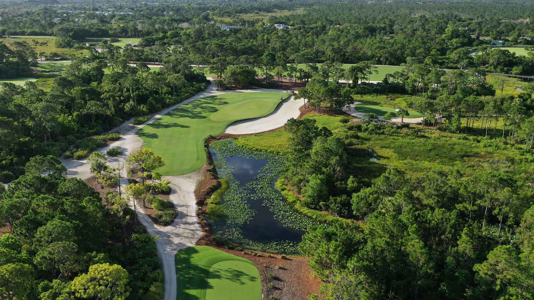 An aerial drone view of the 12th hole at Medalist Golf Club.