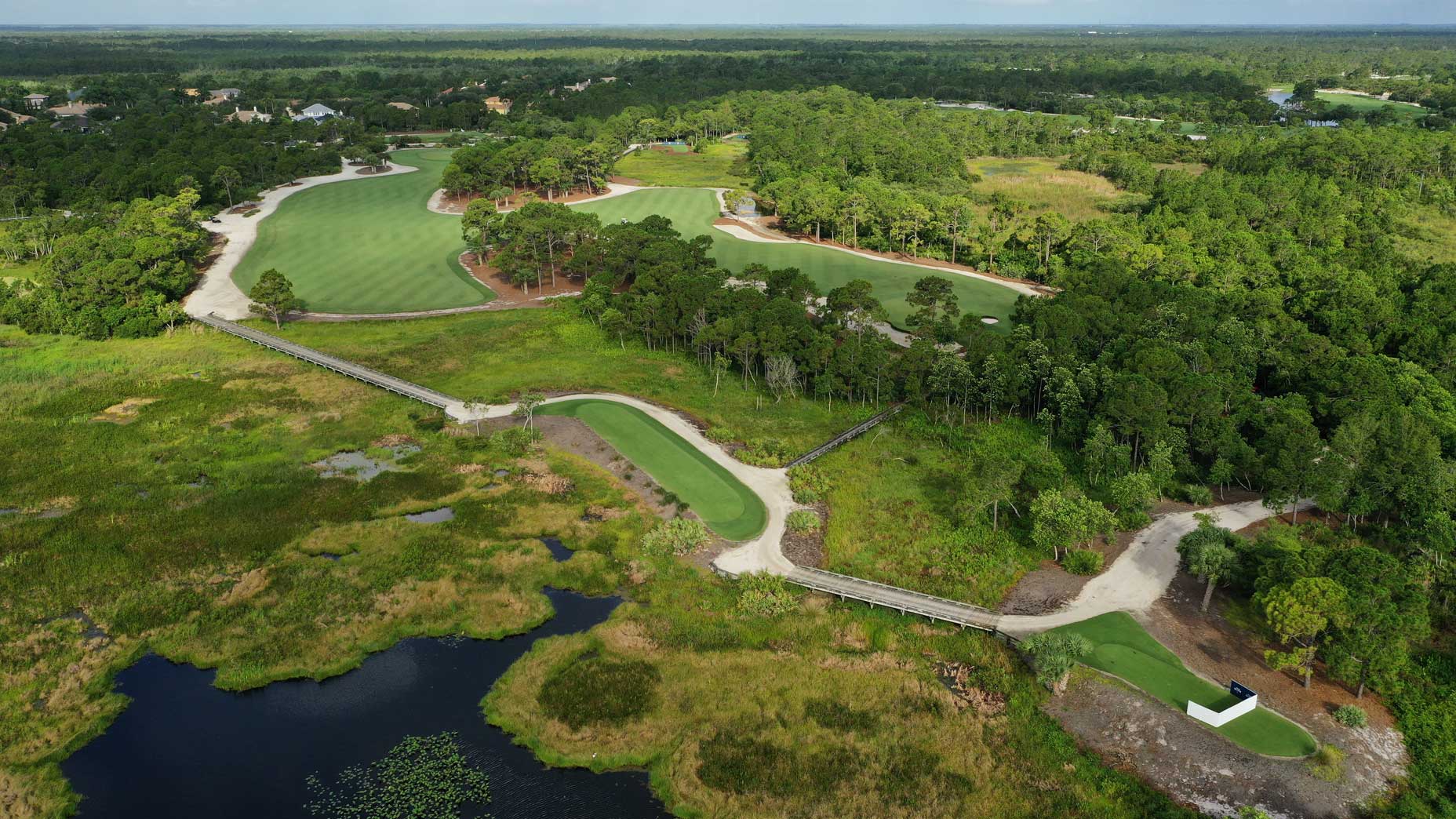 An aerial drone view of the 6th hole at Medalist Golf Club.