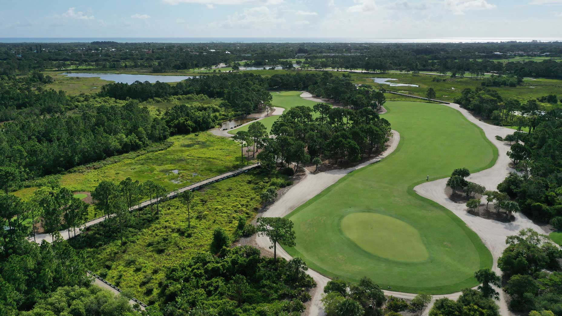 An aerial drone view of the 6th hole at Medalist Golf Club.