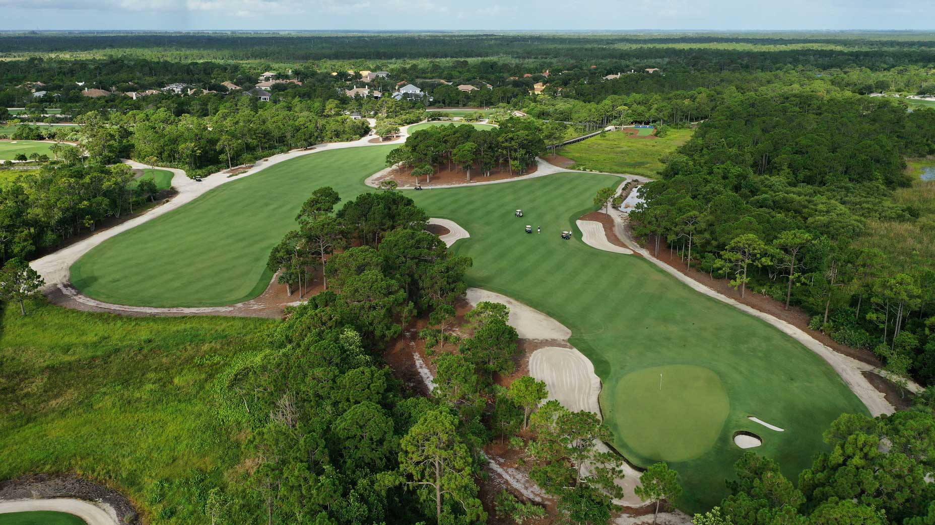 An aerial drone view of the 5th hole at Medalist Golf Club.