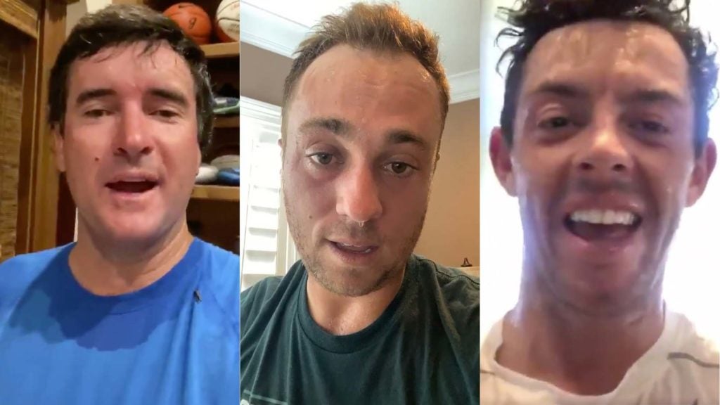 Bubba Watson, Justin Thomas and Rory McIlroy drenched in sweat after a Peloton ride.