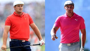 Before and after photos of Bryson DeChambeau's bulk up.