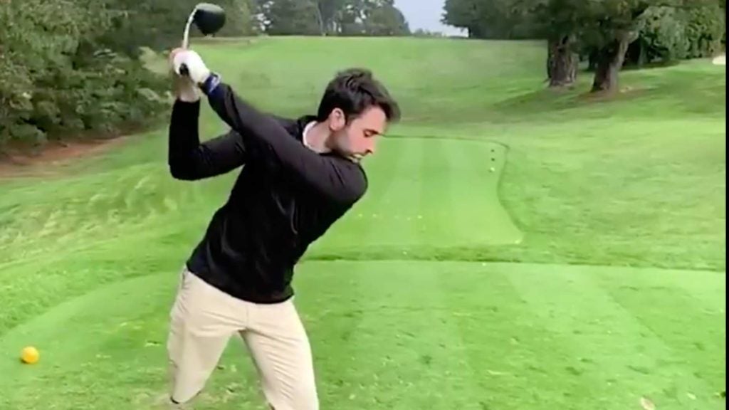 one-legged golfer swings