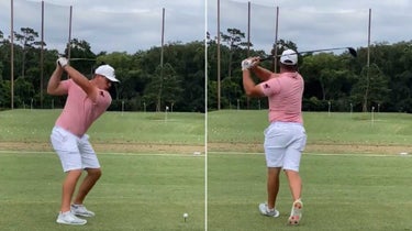 Pro golfer Bryson DeChambeau hits drive on range
