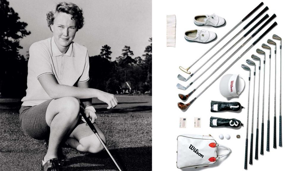 Golfer Mickey Wright and her golf clubs.