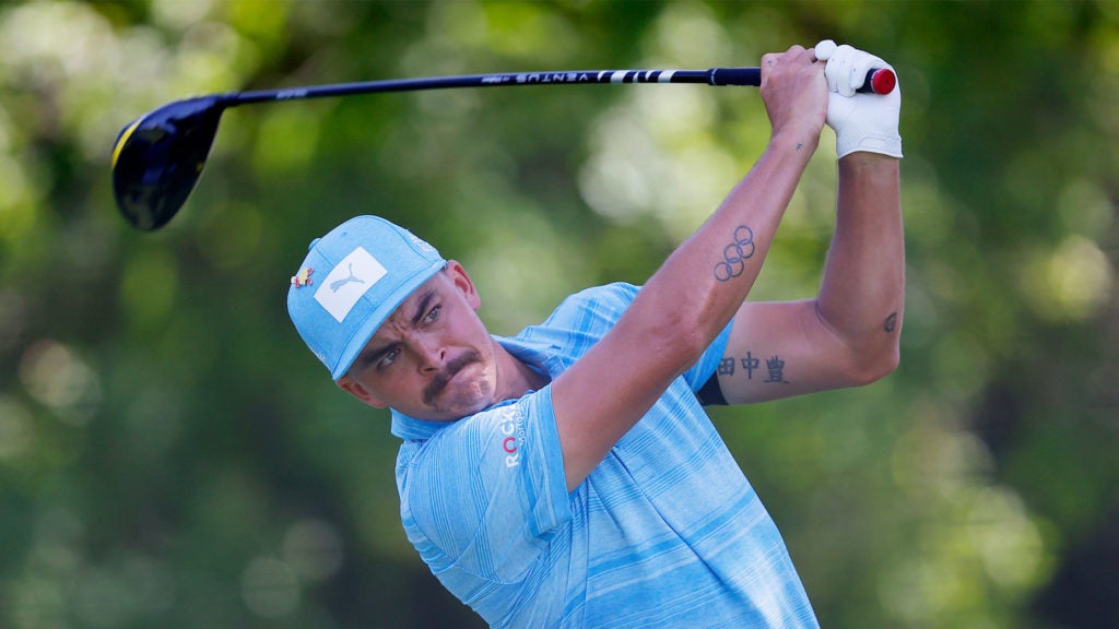 Rickie Fowler tees off during a practice round at Colonial.