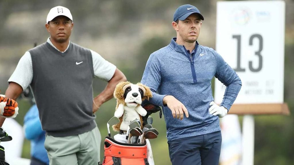 Tiger Woods and Rory McIlroy on the tee box.