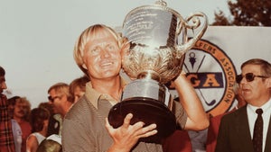 Jack Nicklaus poses with trophy at the 1980 PGA Championship at Oak Hill Country Club in Rochester N.Y.