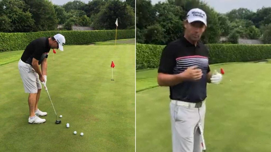 Pro golfer Padraig Harrington demonstrates golf drill