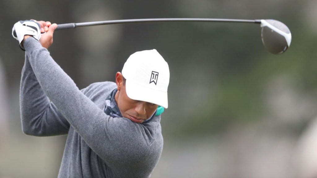 Tiger Woods plays shot at 2020 PGA Championship