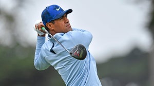 Tony Finau hits driver.