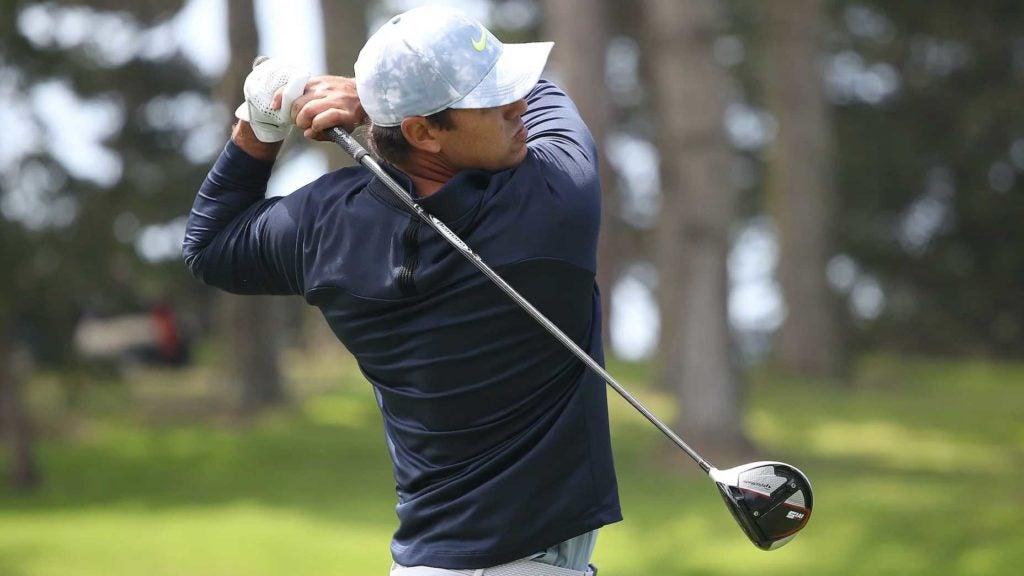 Pro golfer Brooks Koepka hits driveBrooks Koepka uses a TaylorMade M5 driver. But he won't mention it by name.