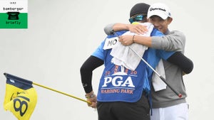 collin morikawa hugs his caddie at pga championship