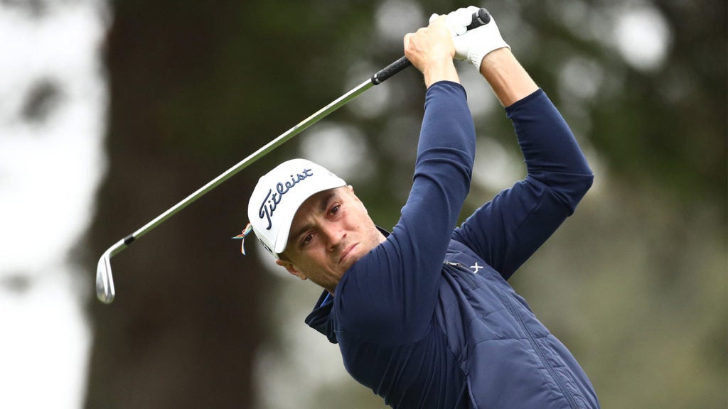 Justin Thomas swings during the first round of the PGA.