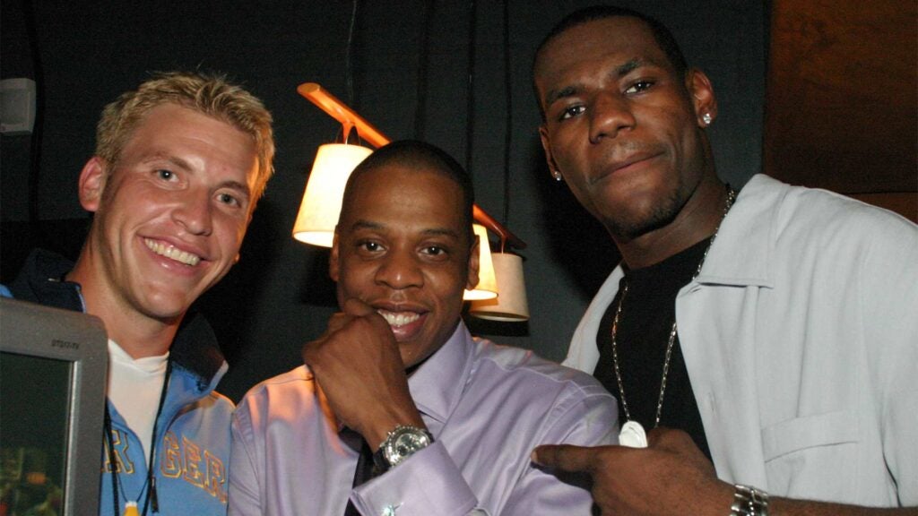 Ricky Barnes, Jay-Z and LeBron James at the launch of Jay-Z's 40/40 club in New York City on June 18, 2003.
