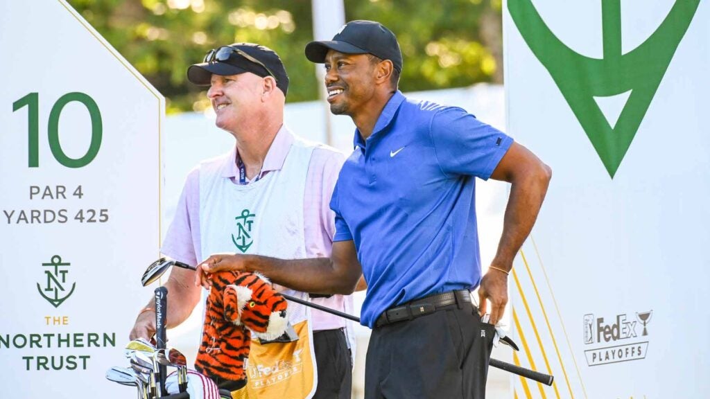 Tiger Woods and caddie at 2020 Northern Trust