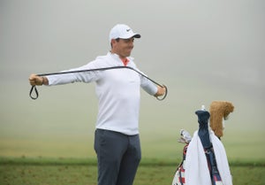 Rory McIlroy warming up before the PGA Championship.