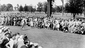 Even Babe Ruth (crouching near the back of the box, with cigar) took a seat to watch Bobby Jones hammer home his third of four U.S. Opens.