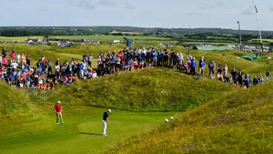 The tucked par-3 5th-hole green at Lahinch shown during the 2019 Irish Open.