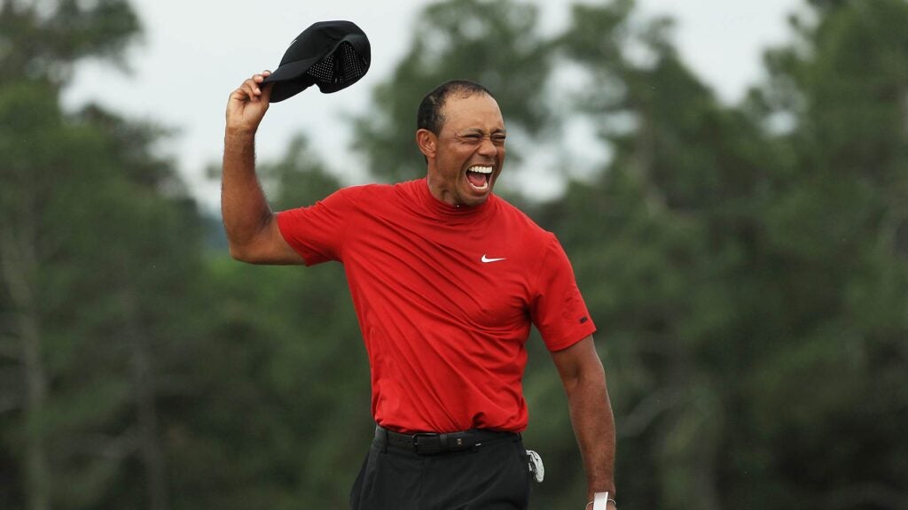 Tiger Woods celebrates his 2019 Masters win.