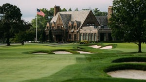 A view of the 9th hole and clubhouse at Winged Foot.
