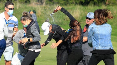 Mel Reid celebrated in style after her maiden LPGA victory.