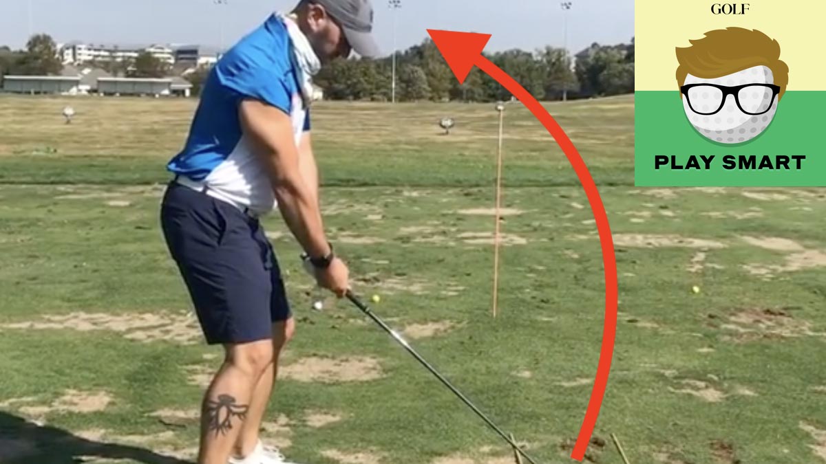 Golfer practicing anti-slice drill