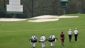 Adam Scott, Tiger Woods and Fred Couples on Wednesday at Augusta National.