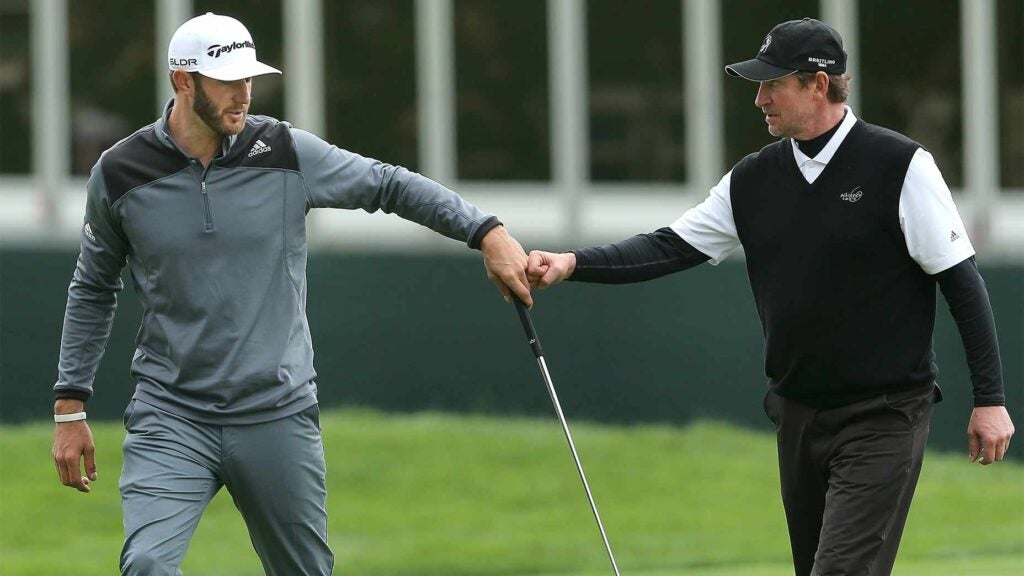 Dustin Johnson and Wayne Gretzky on the golf course.