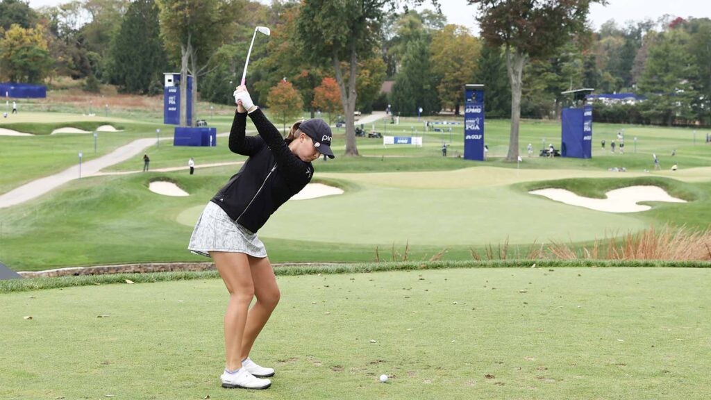 Jennifer Kupcho tees off at the 2020 KPMG Women's PGA Championship at Aronimink Golf Club on Oct. 10, 2020, in Newtown Square, Pa.