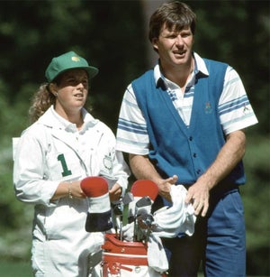 Nick Faldo and caddie Fanny Sunesson at the 1990 Masters.