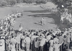 Sam Snead tees off in front of a crowd at No. 13 in the 1949 PGA Championship.