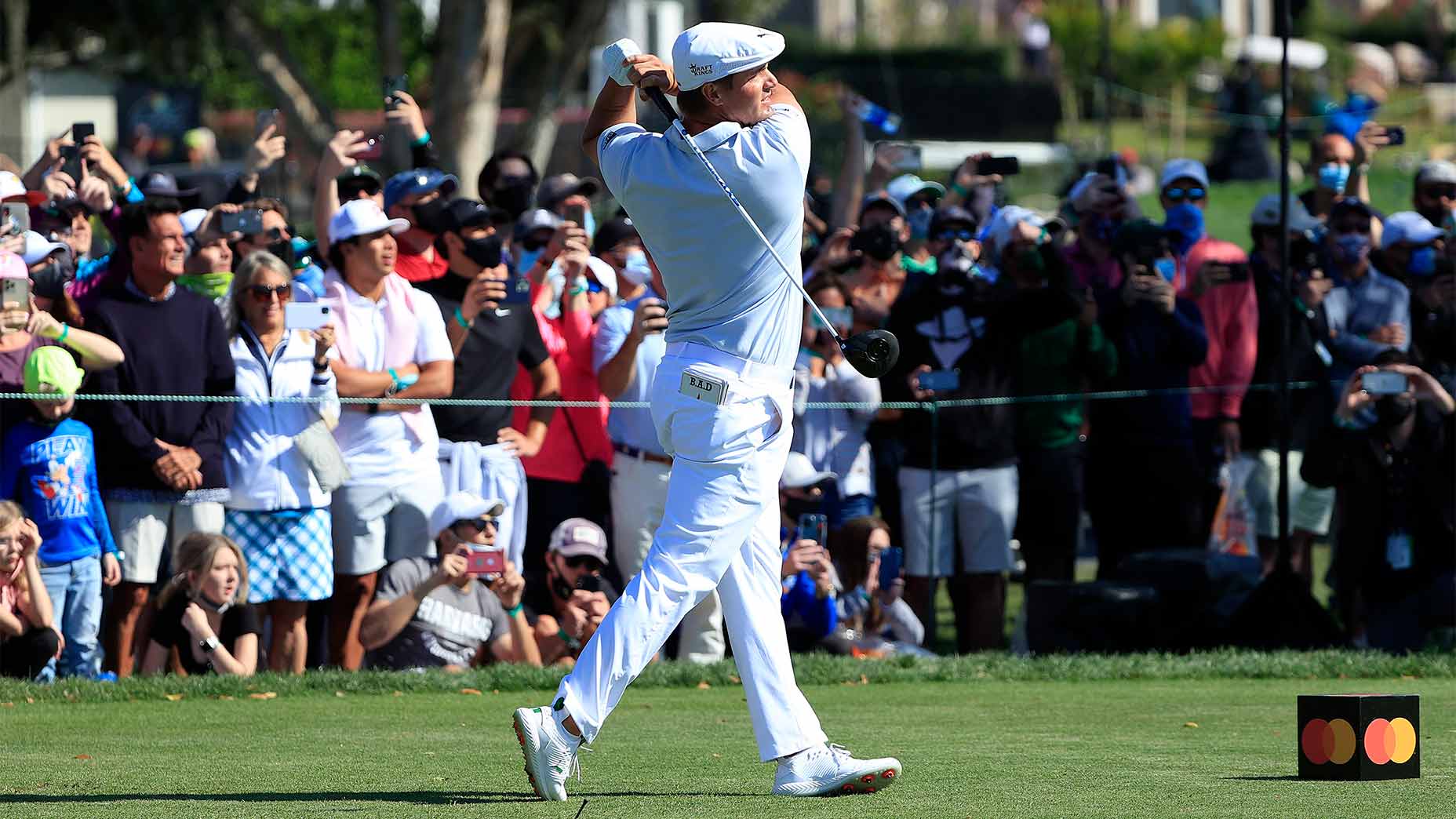 Bryson DeChambeau hits a drive at Bay Hill.