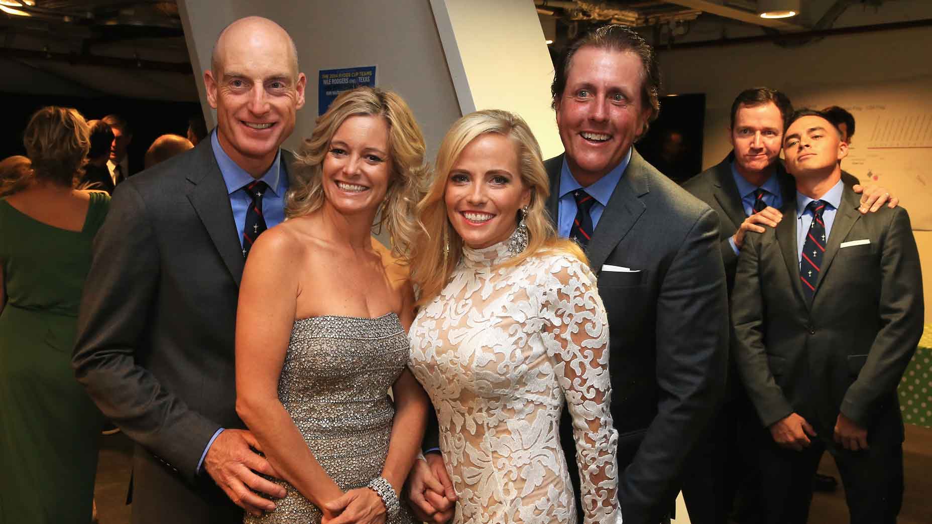 From left, Jim Furyk, Tabitha Furyk, Amy Mickelson, Phil Mickelson, Jimmy Walker and Rickie Fowler at the 2014 Ryder Cup.