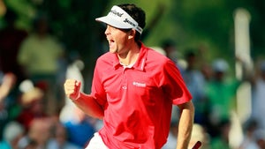 Keegan Bradley celebrates a birdie on the 17th hole during the final round of the 2011 PGA Championship.