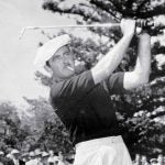 Lloyd Mangrum, winner of the 1946 U.S. Open Championship, hits a shot.