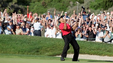 Tiger Woods celebrates a birdie at the 2008 U.S. Open.