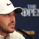 Brooks Koepka talks to the media on Tuesday at Royal St. George's.