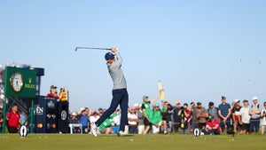 jordan spieth hits a tee shot at the open.