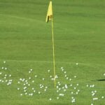Golf practice balls sit on a practice green around a yellow flagstick