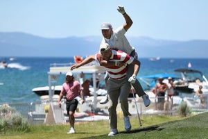 SOUTH LAKE TAHOE, NEVADA - JULY 11: NFL athletes Travis Kelce and Patrick Mahomes of the Kansas City Chiefs react to a tee shot on the 17th hole during round two of the American Century Championship at Edgewood Tahoe South golf course on July 11, 2020 in South Lake Tahoe, Nevada. (Photo by Christian Petersen/Getty Images)