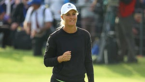 Anna Nordqvist pumps her fist after winning the AIG Women's Open.