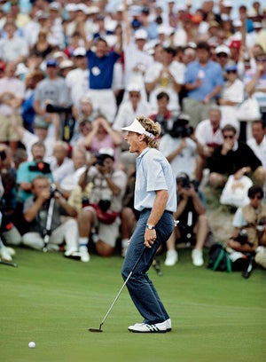 Bernhard Langer reacts to missing a putt at the 1991 Ryder Cup.